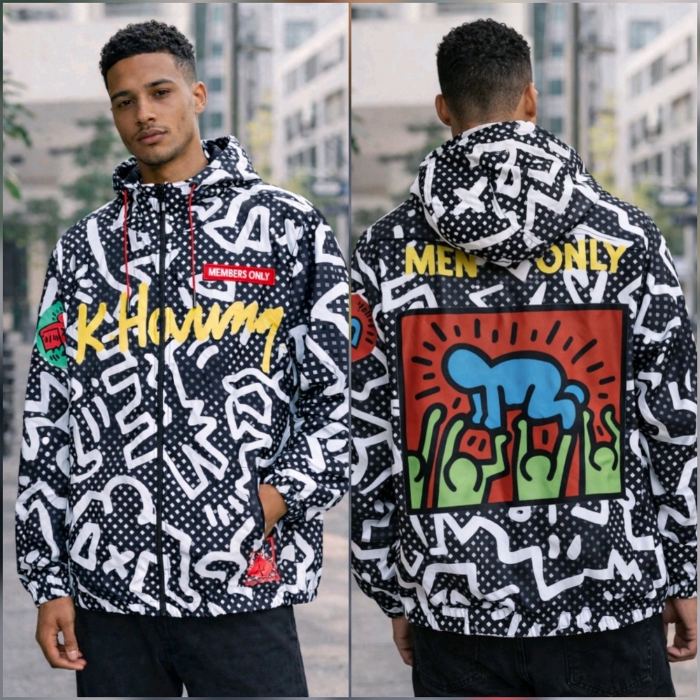 Members Only x K. Haring New Full Zip Hooded Windbreaker Jacket Mens SZ‎ Small